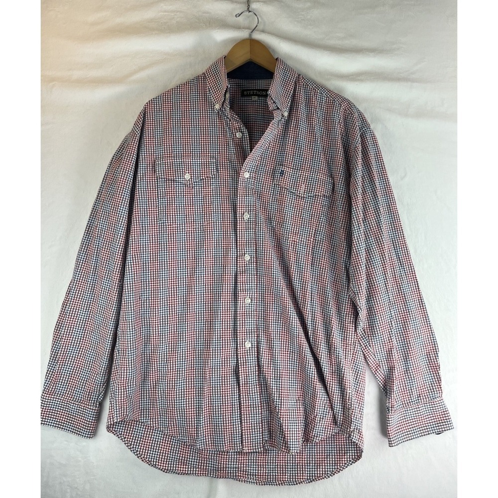 Stetson Western Shirt Men's Medium Geometric Red Blue USA Ranch